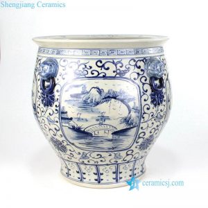 RZFH12 Blue and white hand paint country bridge pattern ceramic fish pond