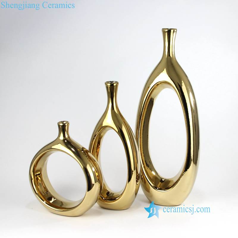 RYKB151-F Shinny golden plated ring design post modernity ceramic vase for hotel deocr