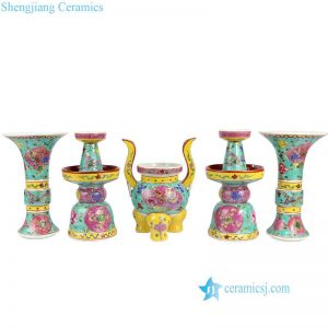 RYZG17 Set of 5 worship Buddha usage famille rose porcelain reproduction vase. candle holder and tripod