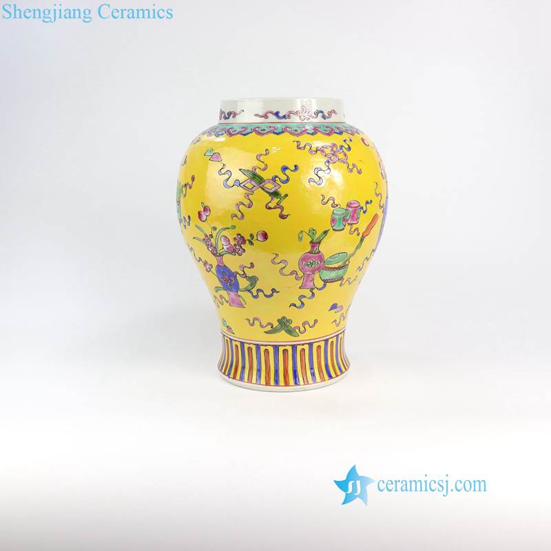 RYZG19   China yellow background reading room item pattern hand painted porcelain ginger jar