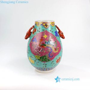 RYZG20 Hand painted green and red famille rose phoenix ceramic flower vase