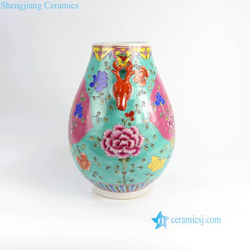 RYZG20   Hand painted green and red famille rose phoenix ceramic flower vase