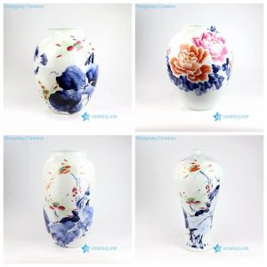 RZNP07 12-14 Blue red and white hand painted Jingdezhen style lotus peony porcelain vase