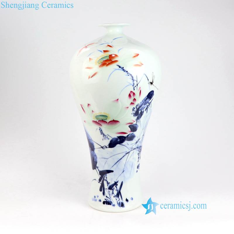 RZNP07 12-14    Blue red and white hand painted Jingdezhen style lotus peony porcelain vase