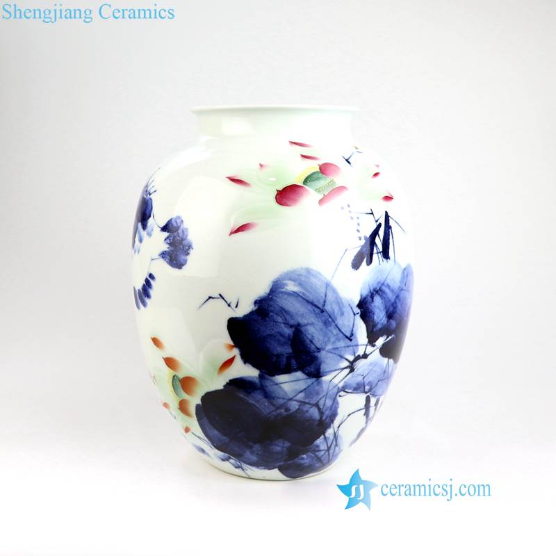 RZNP07 12-14    Blue red and white hand painted Jingdezhen style lotus peony porcelain vase