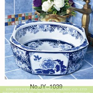 SJJY-1039-12 China style blue and white flower ceramic octagonal basin for toilet