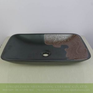 sjbyl-9003 Matt black hand carved design rectangular ceramic basin