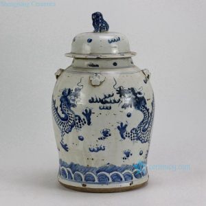 RZEY12 Hand painted blue dragon ceramic jar with lion knob