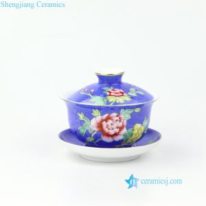 RZOU04 Gold rim hand needle painting peony pattern blue ceramic tea cup
