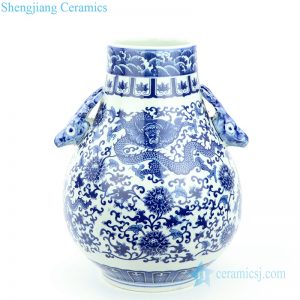 RYUJ21 Big belly blue dragon flying among flower porcelain vase with deer head knob