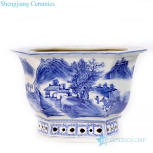 RYLU168  Hand painted blue and white ceramic with landscape and portraiture design flower pot