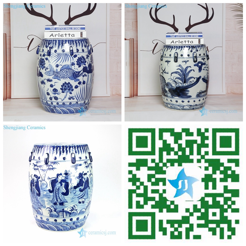 g blue and white ceramic stool