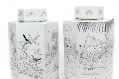 RYSM03-A-B Simple style hand drawing pattern ceramic with six sides tea jar