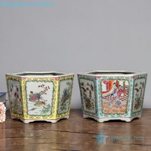 RYSZ10-11 Chinese traditional famille rose ceramic with flower and bird design hexagonal flower pot