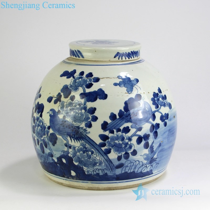 fat blue and white ceramic tea jar