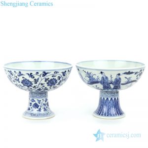 RZHL29-A-B Antique blue and white ceramic with design of interlocking branches and portraiture bowl
