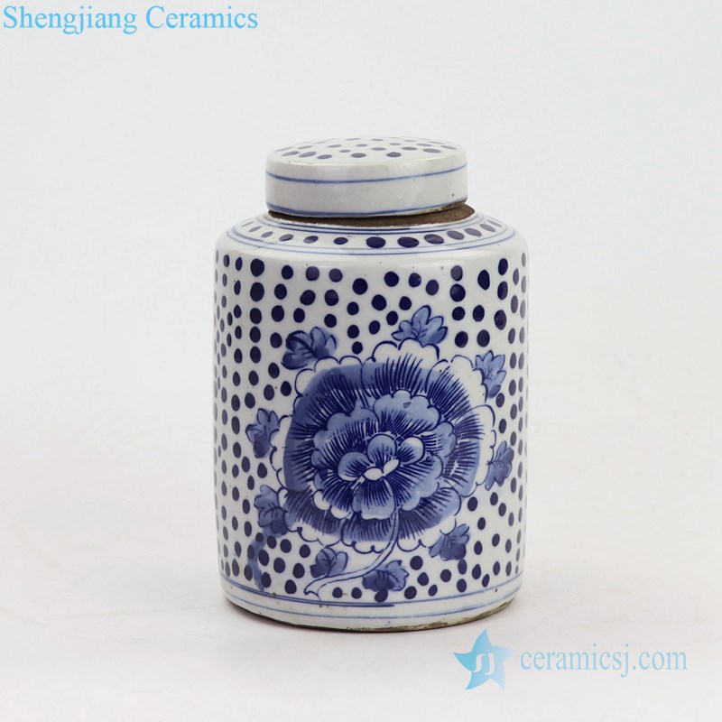 cylindrical blue and white ceramic jar