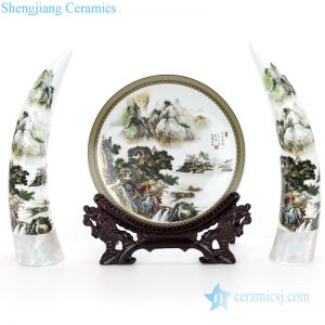 RZMN03 Simple style set of three ceramic with landscape design decorative ivory and plate