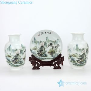 RZMN04 Jingdezhen pure manual three piece of ceramic with beautiful scenery design vase and plate