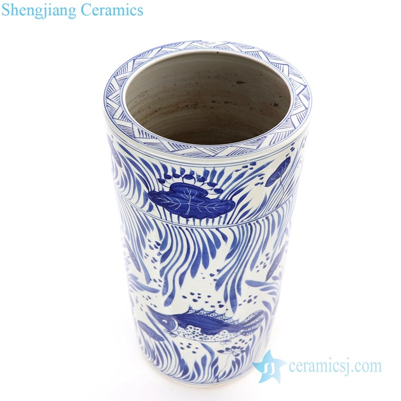 blue and white hand painted umbrella stand
