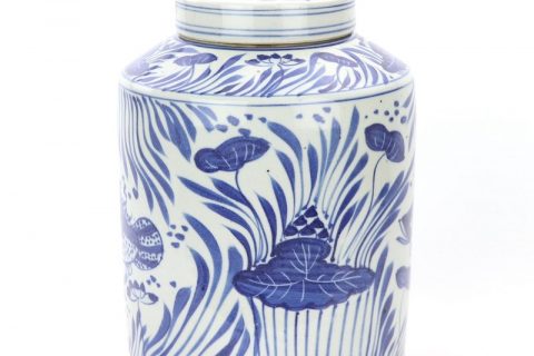 RZPI23 Hand painted blue and white ceramic with lotus leaves tea jar