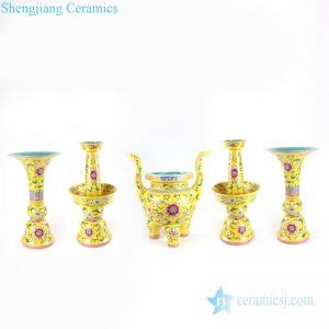 RYLW19 Famille rose cherish buddha set of 5 porcelain censer candle holder and vase