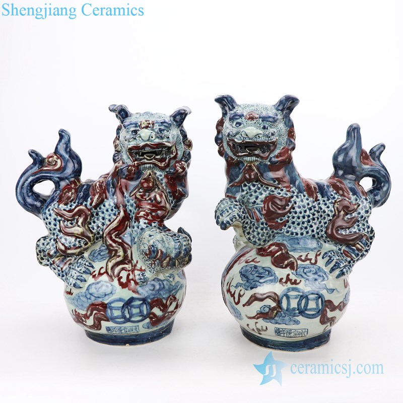 blue and underglaze red ceramic lion