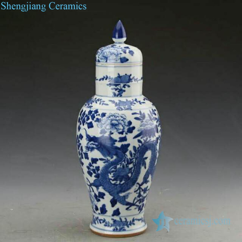 blue and white covered ceramic jar
