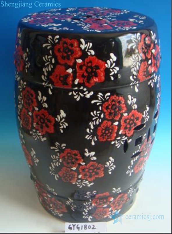 red flowers ceramic stool