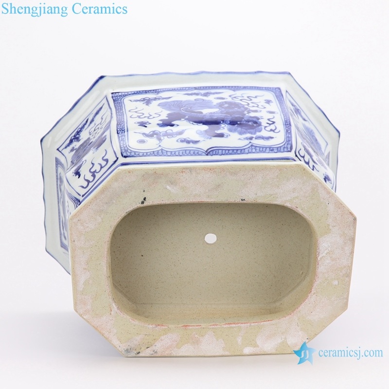 RYLU167-B   Archaized hand-painted blue and white octagonal octagonal flower pot with lion designs