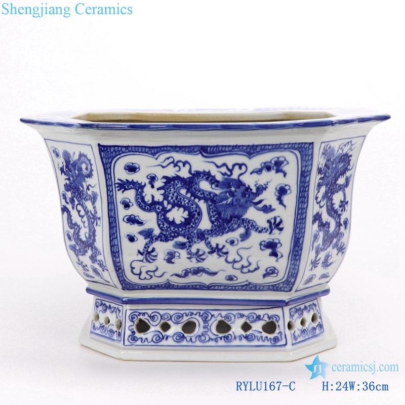RYLU167-C Archaized hand-painted blue and white flower pot with octagonal octagon, octagon and dragon design