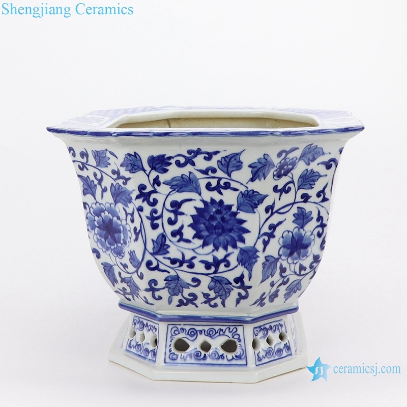 RYLU167-D   Archaized hand-painted blue and white octagonal octagonal octagonal peony flowerpot
