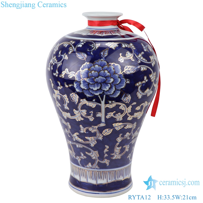 Jingdezhen blue and white painted gold peony plum vase