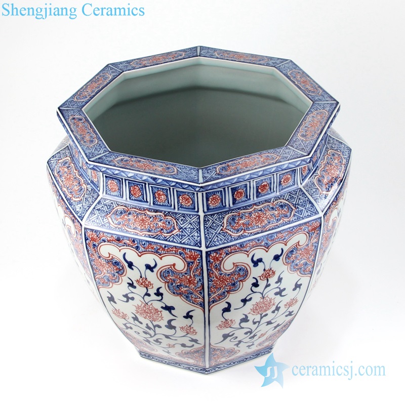 RYVK15  Jingdezhen Shengjiang Blue glaze red eight - sided VAT