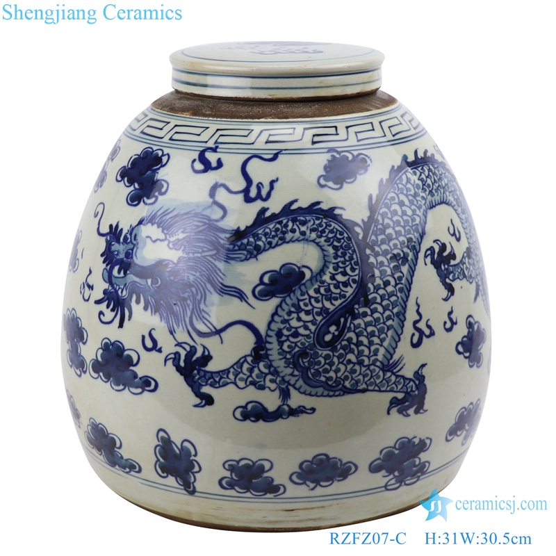 RZFZ07-BorC Archaize hand-painted blue and white flowers and birds double phoenix jar