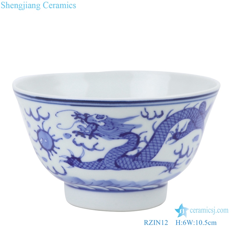 RZIN12 Blue and white double dragon play pearl cloud dragon grain 4 inch bowl