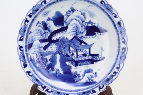 RZKS16-B-SMALL Archaize hand-painted blue and white landscape characters guarang kui mouth plate