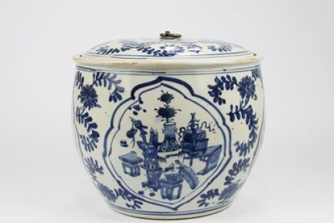 RZKT31 Archaized hand-painted blue and white portraiture tea canister with lid storage canister
