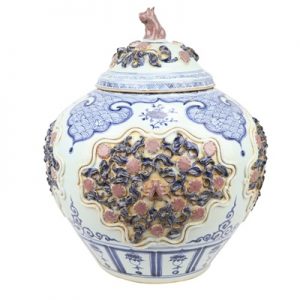 RZQo13 Yuan blue glaze red open carved engraving with cover dog head pot stack flower large pot storage tank decoration