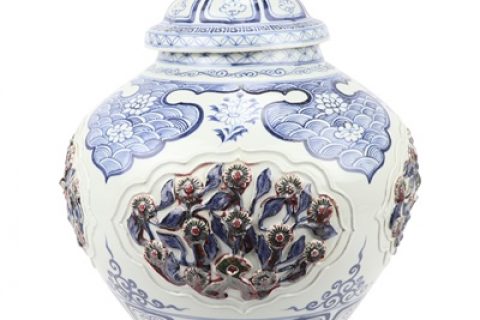 RZQo15 Ceramic pot ceramic art works art pieces Chinese style yuan blue and white glaze red open light carving engraving with cover dog head pot pile big pot