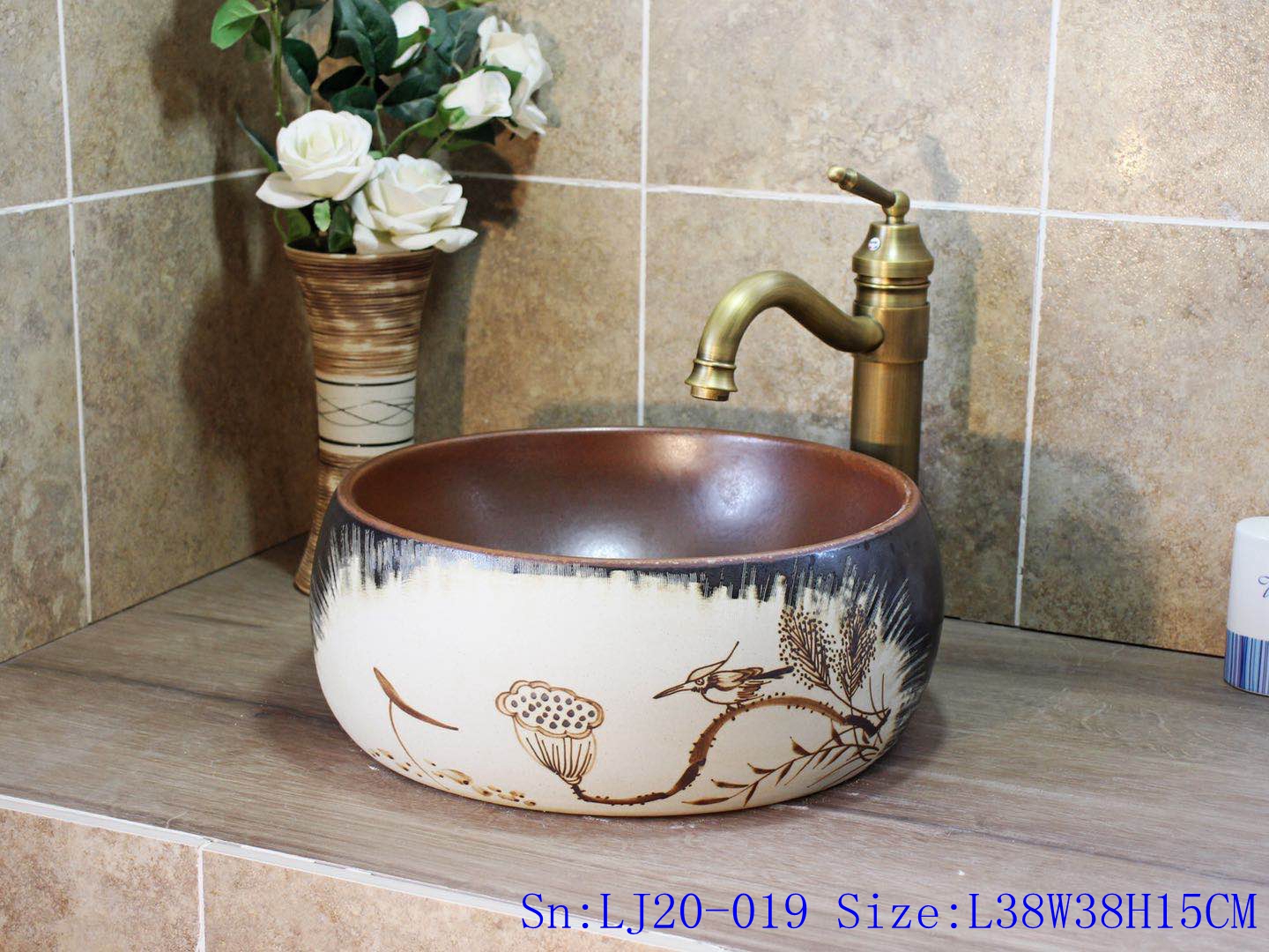 LJ20-019 Hand-painted lotus birds Brown round wash sink
