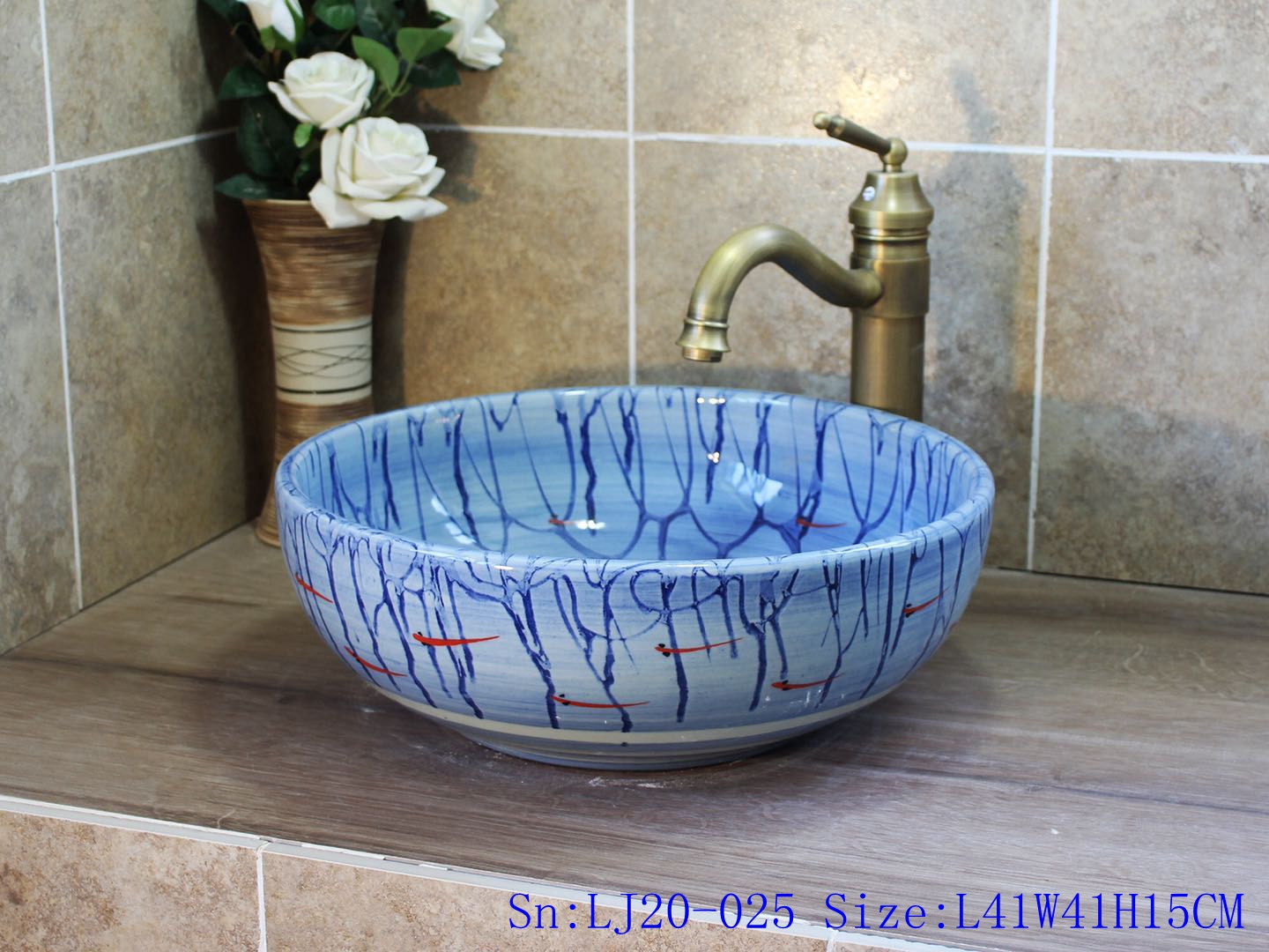 LJ20-025 Pure hand painting red fish with blue ocean wash sink