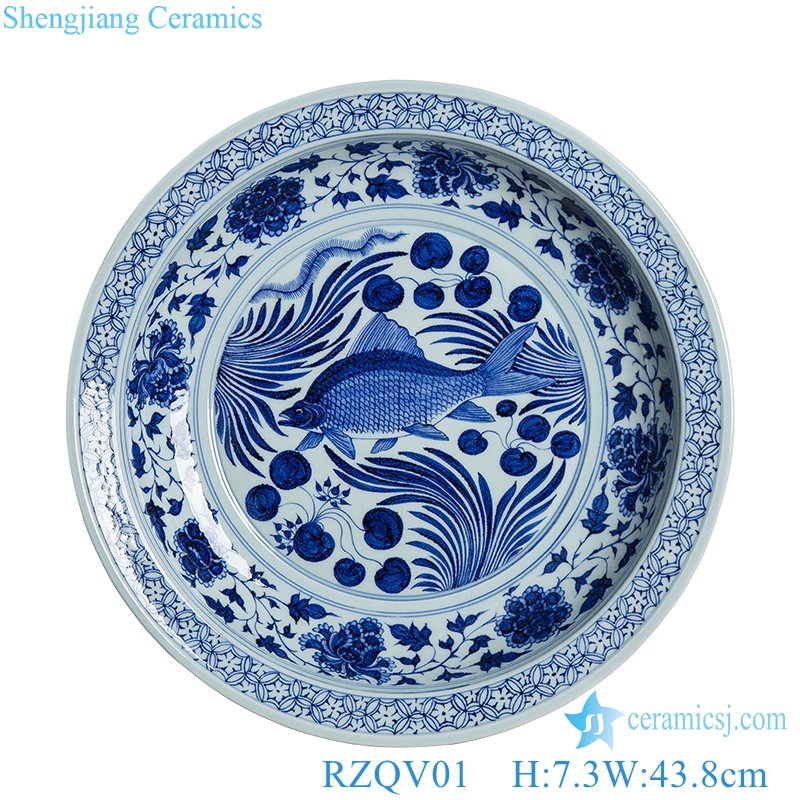 RZQV01 hand made Blue and white fish ceramic decorate plate 