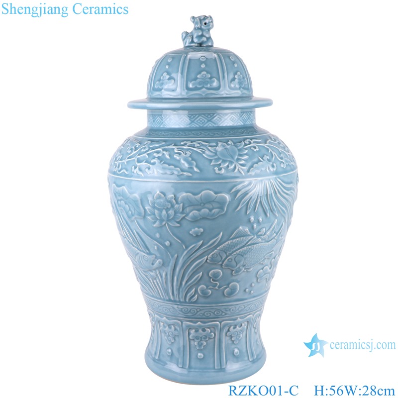 Chinese light blue azure glaze carving porcelain storage jarRZKO01-C