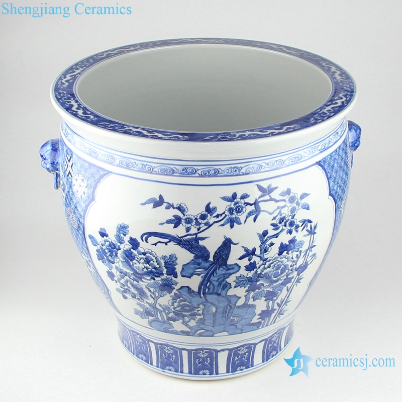 Chinese blue and white flower bird design ceramic pot with two ears RYLU176-G