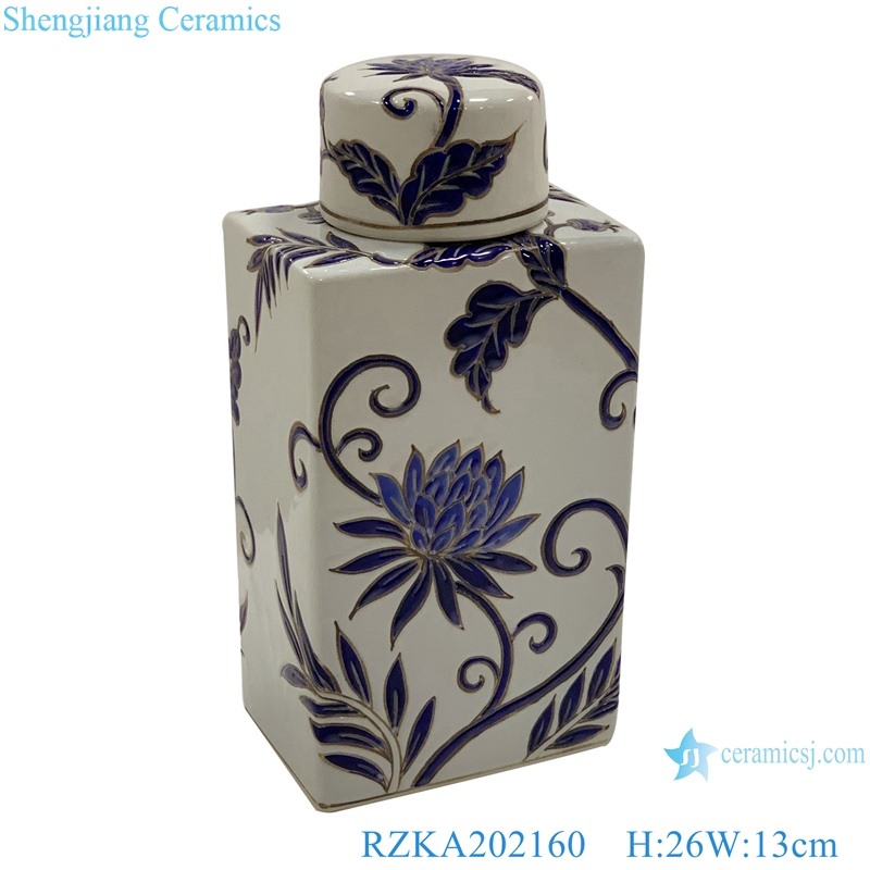 RZKA202160 Flat flower design ceramic pot cuboid with cover 