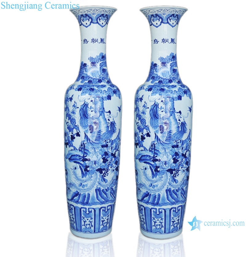 RZRi09-A Blue and white porcelain hand painted birds facing Phoenix large vase