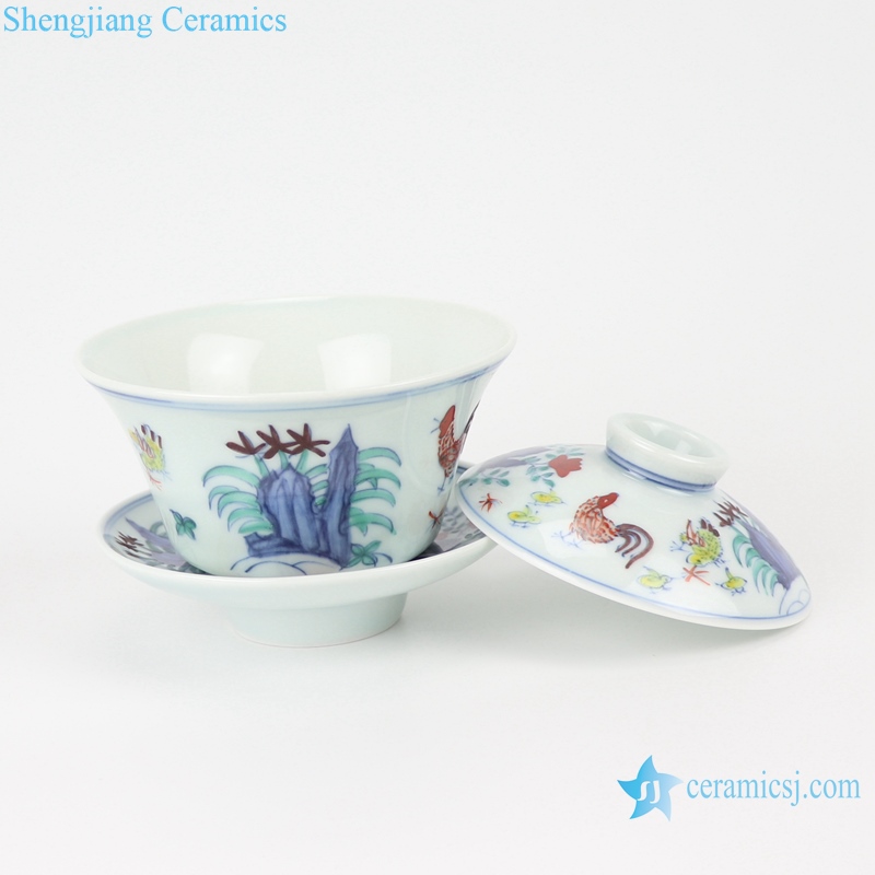 RZSA09 Chinese powder enamel multi-colour tea cup with base holder
