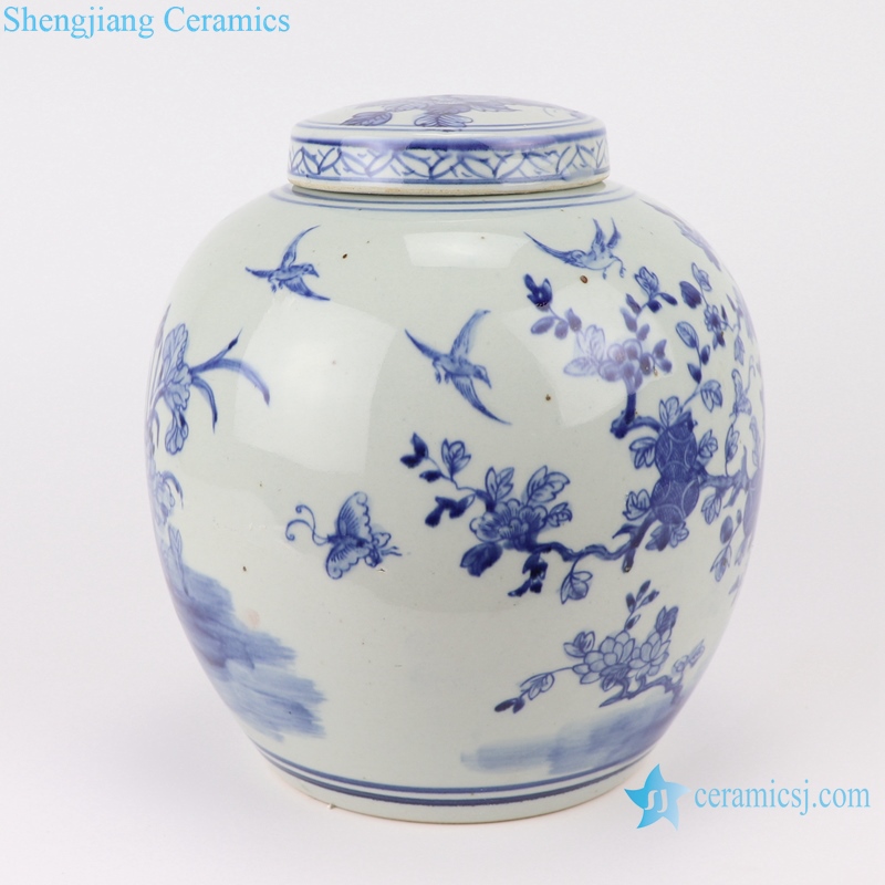 RZSC03 Chinese blue and white flower and bird storage porcelain pot with lid