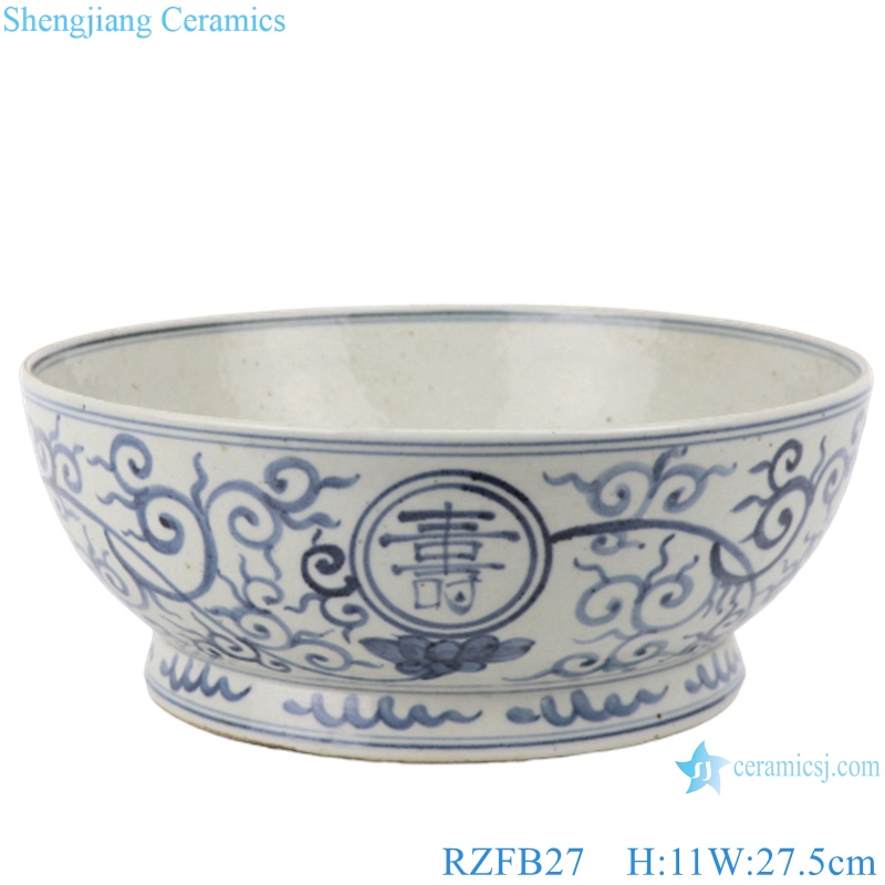 RZFB27 Blue and white flowers with long life character old style antique ceramic bowl